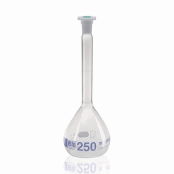 Measuring Flask, DURAN<sup>®</sup>, Class A, Blue Graduation, PE Stopper, USP