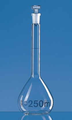 Fiole jaugée en verre boro 3.3, classe A, graduations bleues, avec bouchon en verre