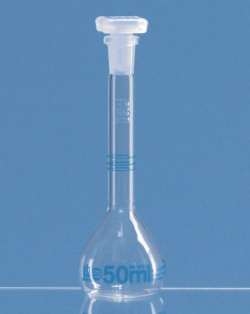 Check flasks, DAkkS calibrated, boro 3.3, class A, with 3 marks, blue graduations