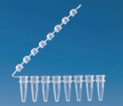 Barrette de 8 tubes PCR, en PP, avec bandes de bouchons attachés